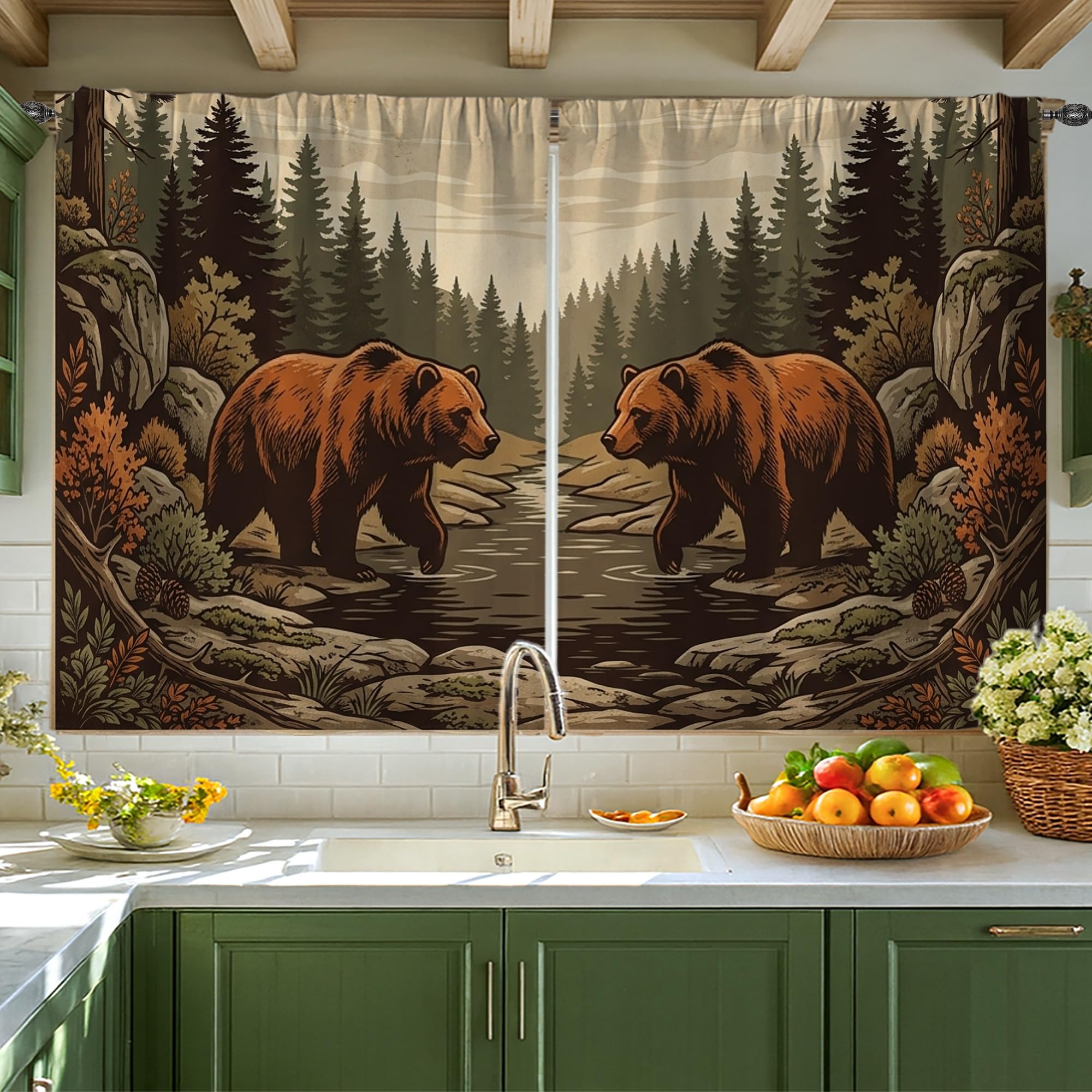 Rideaux courts nature tamisants pour brise-vue évier cuisine et buanderie marron