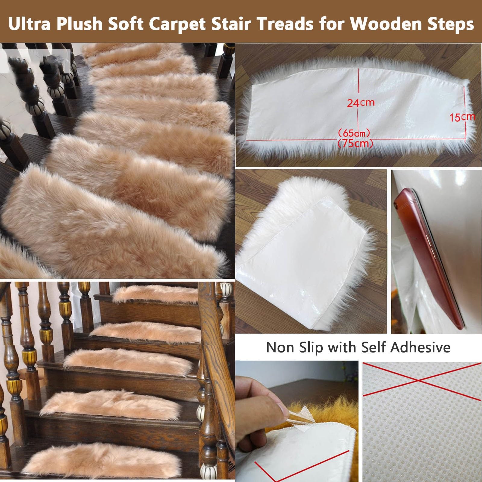 Alfombrillas de peldaños antideslizantes de felpa suave y peluda, para peldaños de madera, reutilizables y lavables, alfombras peludas para escaleras de interior