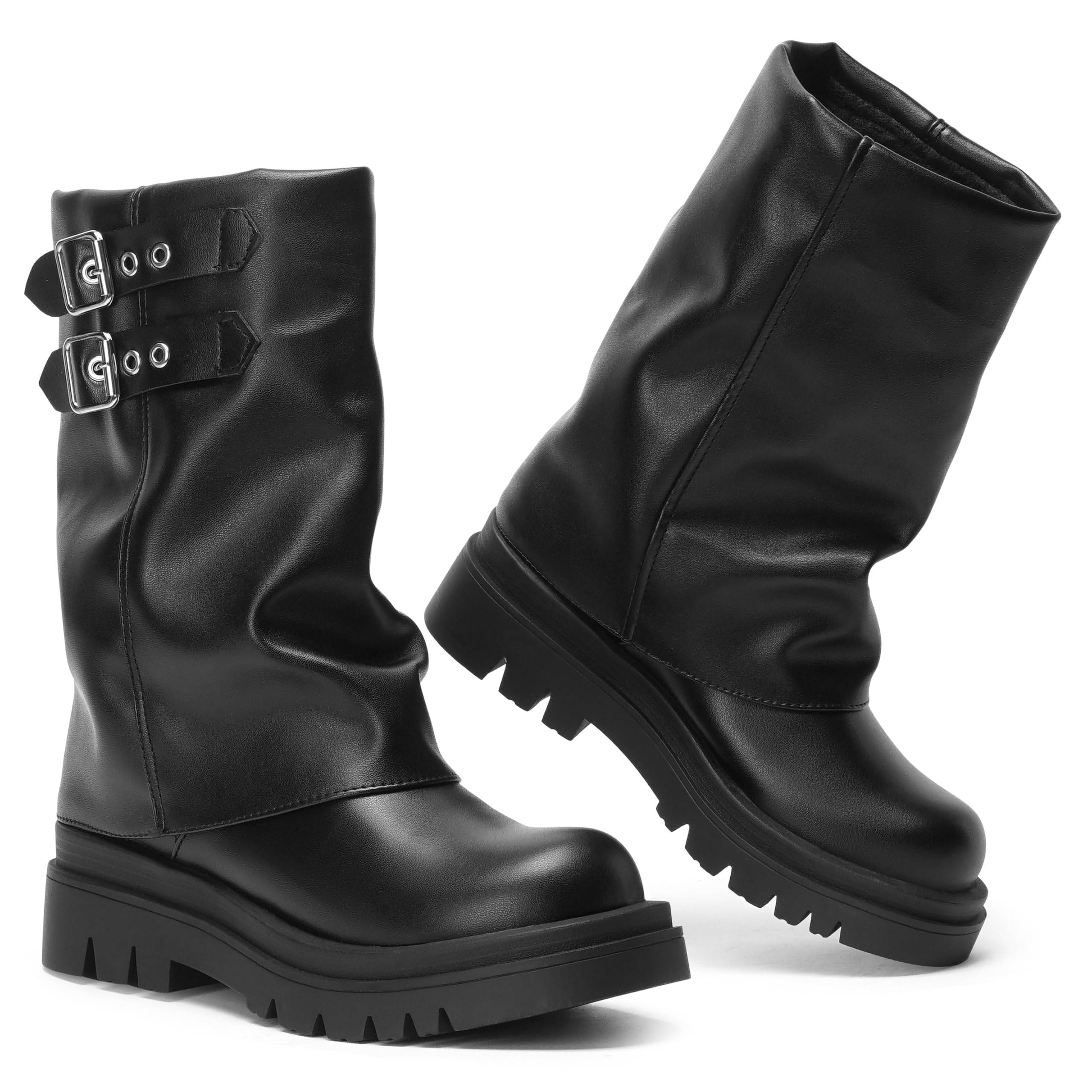 Womens Mid Calf Boots Fold Over Buckle Moto Biker Boots for Women