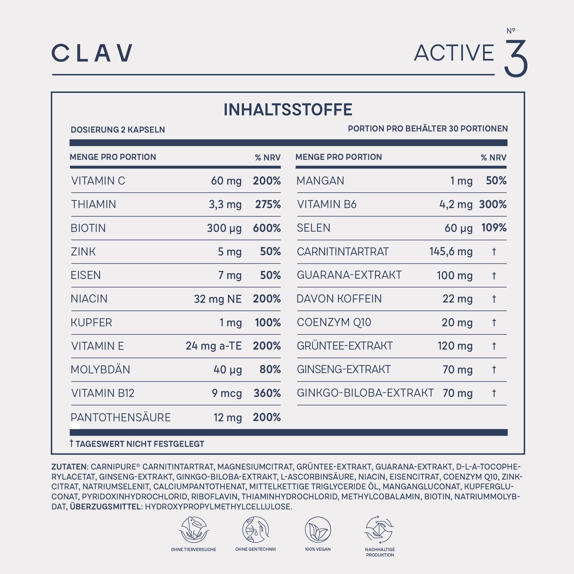 3er Set - CLAV N°3 Active - Stoffwechsel mit L-Carnitin, Grüntee Extrakt, Guarana, Ginkgo & Ginseng - gegen Müdigkeit und Erschöpfung - 60 Stoffwechsel Kapseln - Vegan