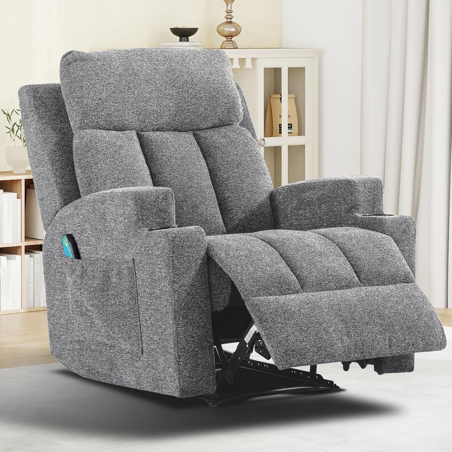 EBELLO Manual Recliner Chair with Massage and Heat, Overstuffed Breathable Fabric Reclining Sofa with 2 Side Pockets, 2 Cup Holders, Remote Control, Living Room, Bedroom, Light Grey
