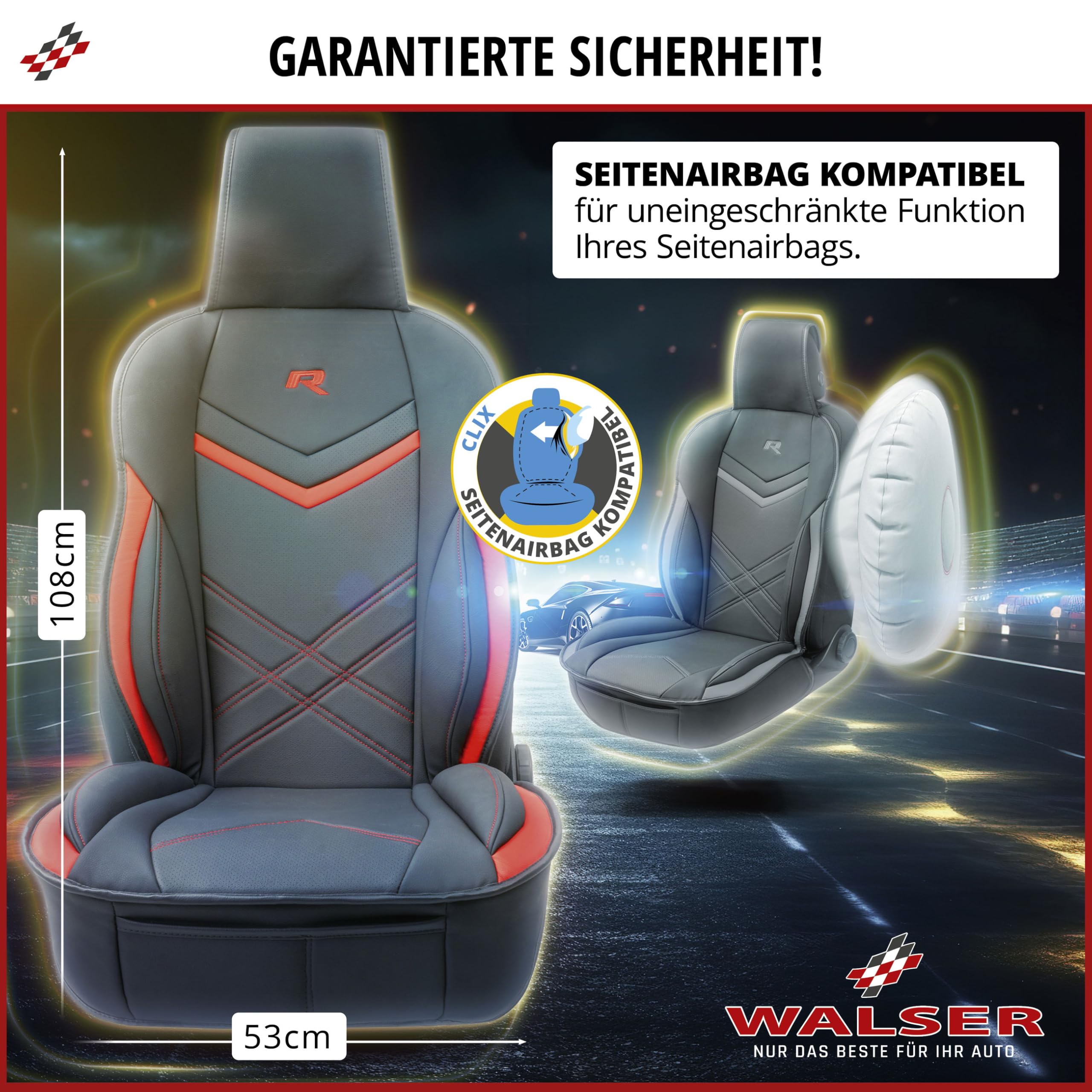 WALSER Nakładka na fotel samochodowy Auto Rey, ochraniacz na fotele samochodowe, czarno-szary, uniwersalny pokrowiec na przednie siedzenia, poduszka na siedzenia samochodowe, sportowy wygląd, pokrowce na siedzenia samochodowe do samochodów osobowych i cię