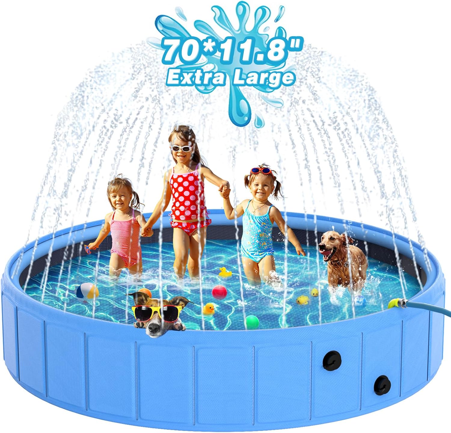 EPN Large Foldable Dog Pool, 0.55 MM PVC Portable 2-in-1 Heavy Duty Pet Pool Bathtub Dog Sprinkler Pool with Non-Slip Bottom, Outdoor Summer Water Toy for Dog, Cat, Kids (70'')