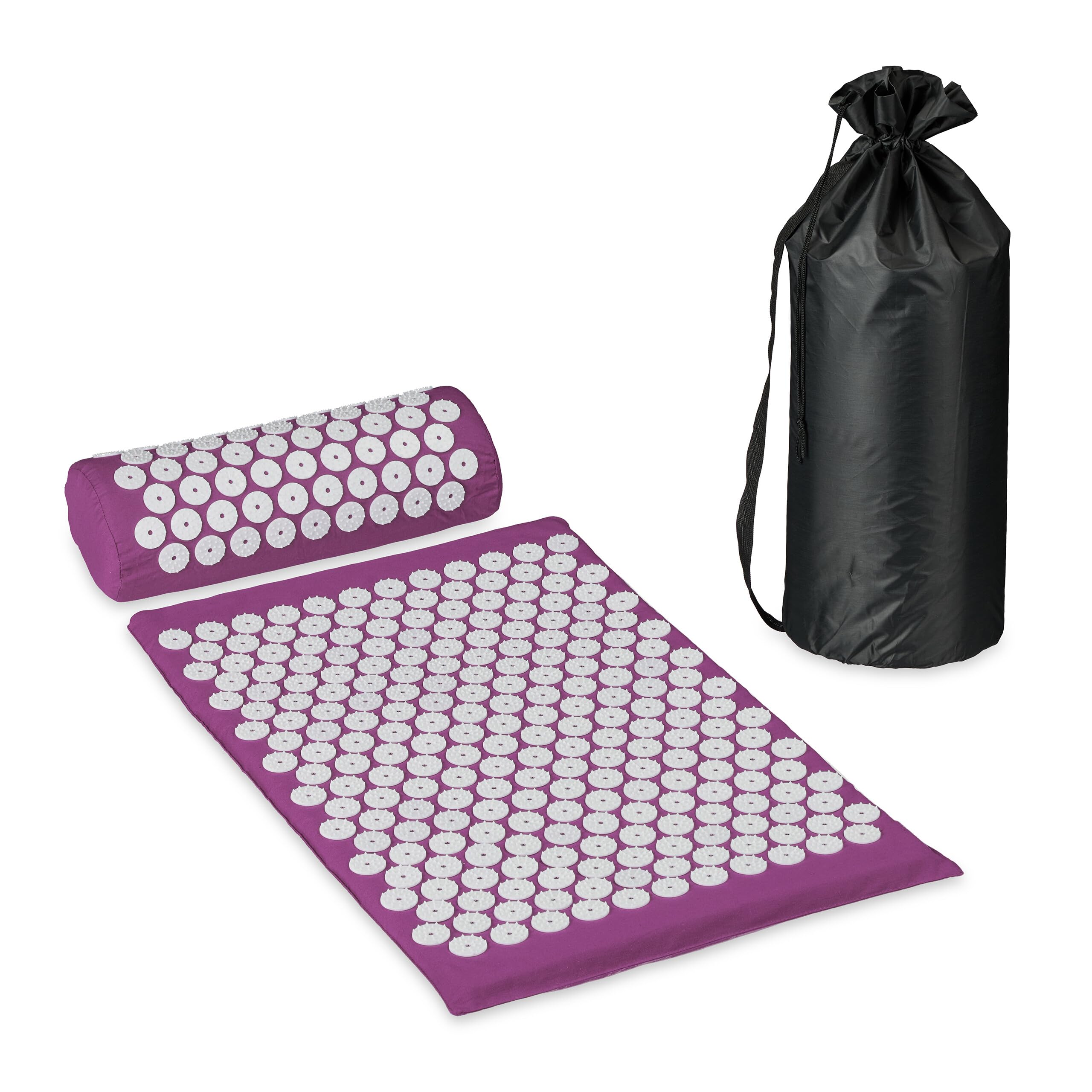 Relaxdays Tapis d’acupression avec Coussin, Sac de Rangement, pour Le Dos, Picots, réduisant Le Stress, Violet