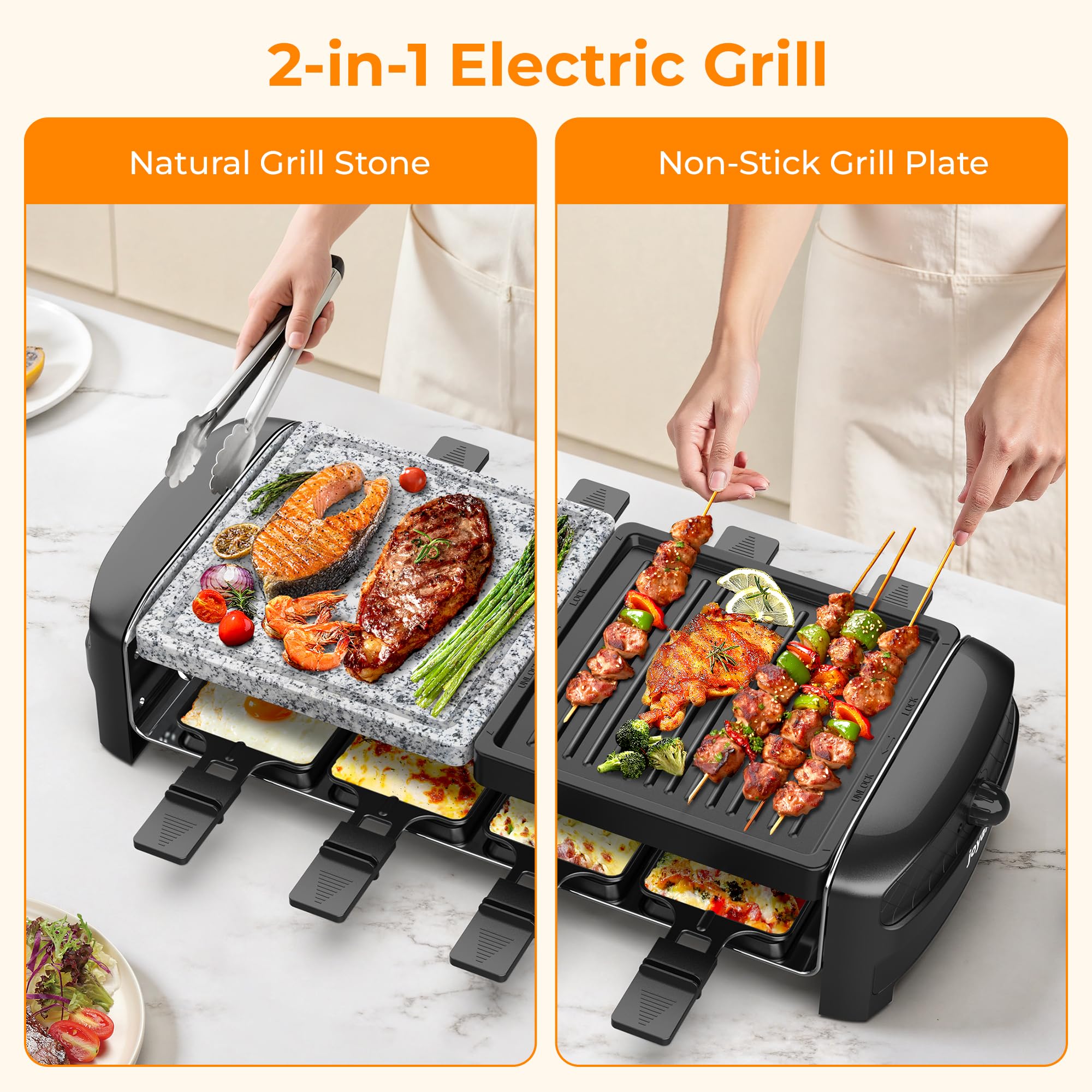 Griglia Elettrica JOYAMI Raclette da Tavolo con Pietra Naturale e Piastra Grill, Raclette con Piastra Antiaderente e 8 Pentolini,Griglia Elettrica per Grigliate Gratinati, Acciaio Inossidabile, 1400 W