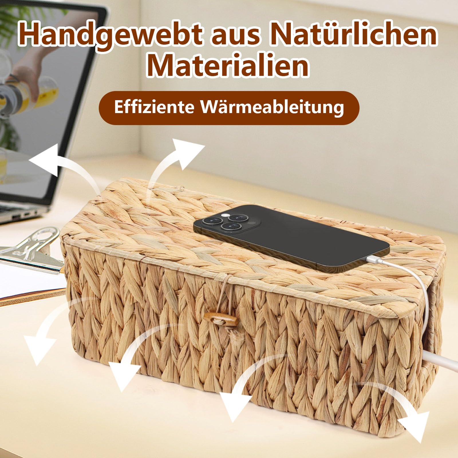 2 Pièces Boîte à Câbles,Boîte De Rangement pour Câbles en Jacinthe D'eau Tressée Naturelle, Boîte de Rangement pour Câbles Sous le Bureau Avec Couvercle en Bambou,pour Le Bureau,La Maison