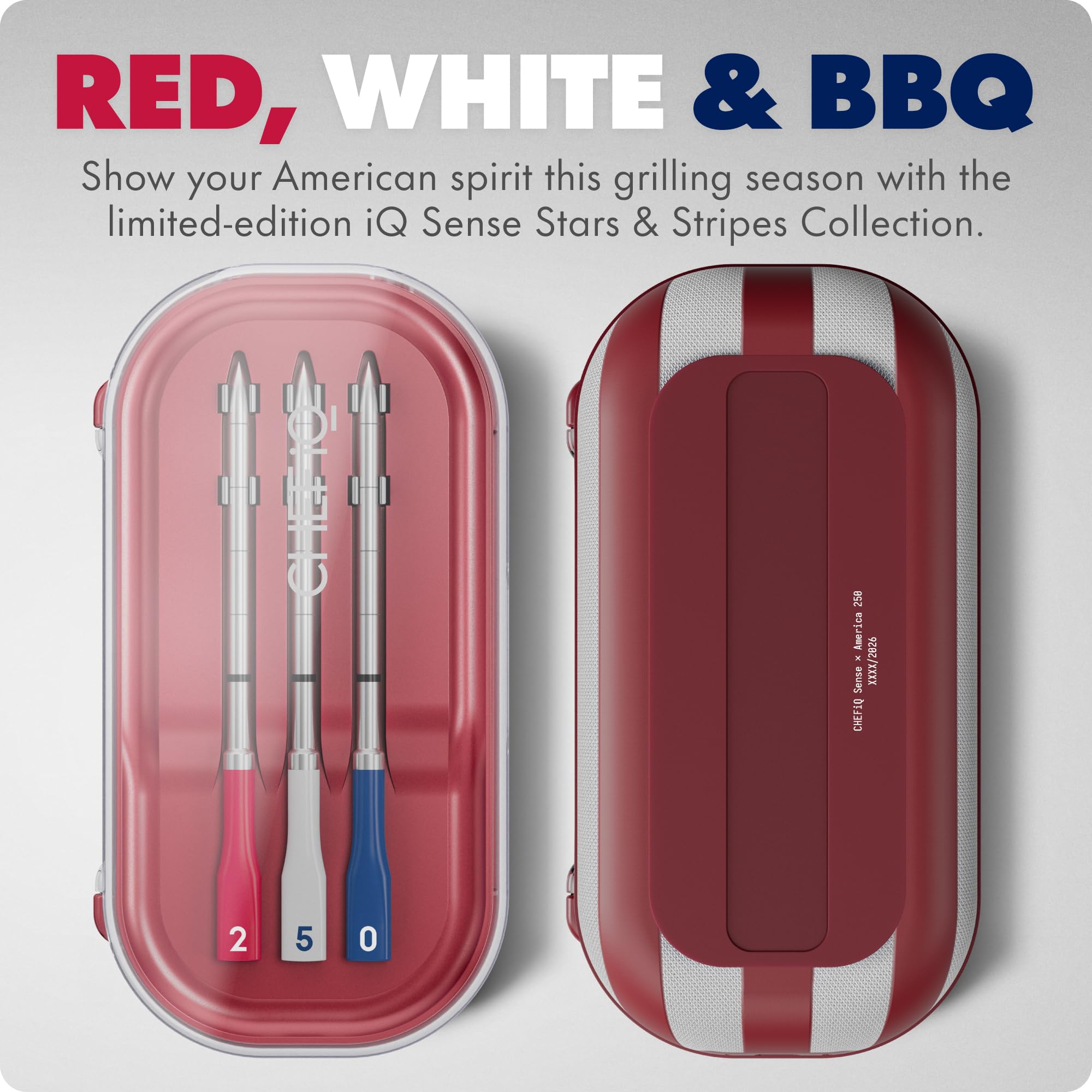CHEF iQ Sense | USA 250 Limited Edition | Blau Rot Weiß Smart Wireless Fleisch Thermometer | 3 ultradünne Sonden | WiFi Unbegrenzte Reichweite | 1500 Grad Fahrenheit Safe | BBQ, Grill, Backofen