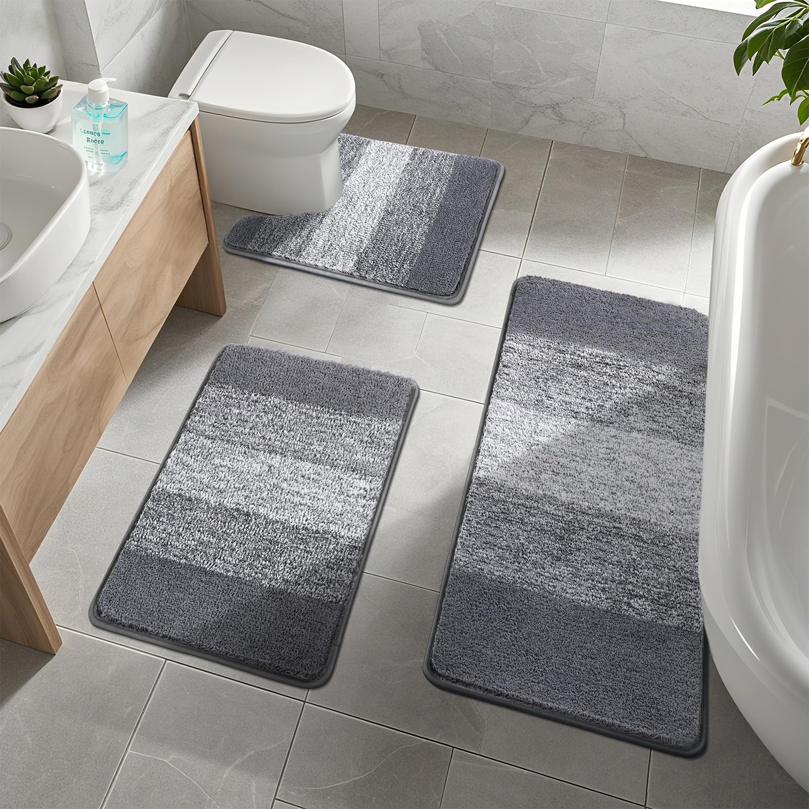 Enyhom Set di 3 Tappeto Bagno in Microfibra, Morbido Tappeto Doccia Super Assorbente, Tappetino Bagno Antiscivolo, Lavabile in Lavatrice, Tappetino Doccia e Tappetini a Forma di U per Piedistallo Wc