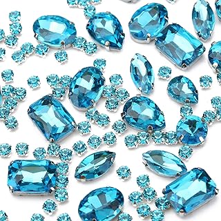 Blue Sew On Rhinestones, Choupee 130PCS Teal Sew On Rhinestone Metal Back Prong Setting Sewing Claw Rhinestone Mixed Shapes Sew On Glass Gems for Jewelry, Clothes, Costume, Shoes, Dress, Garments