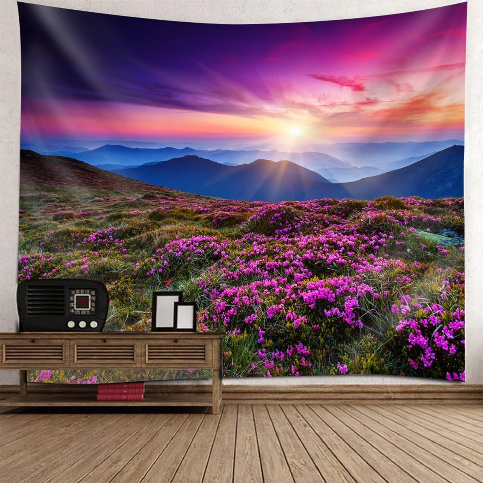Tapisserie XXL 150x150cm fleurs violet vert paysage soleil