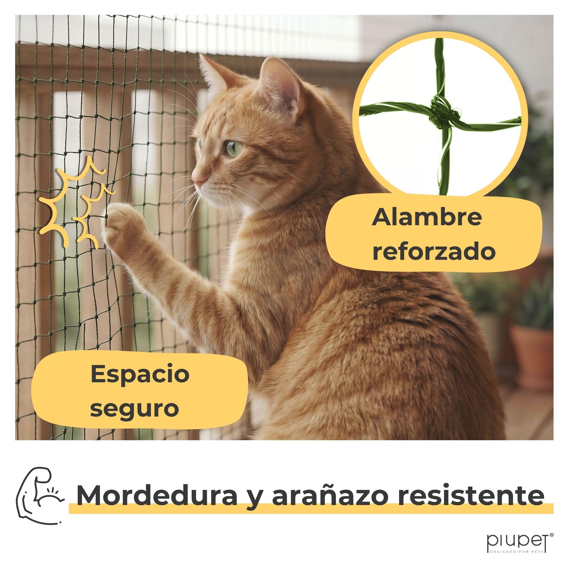 PiuPet - Red para gatos reforzada con alambre de hierro I, 4 x 3 m, color verde I kit de fijación incluido I red para gatos para balcón | Rejilla para gatos