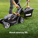 WORX WG733E akumulatorowa kosiarka 20 V, szerokość cięcia 33 cm, kosz na trawę 35 l (wydajny silnik bezszczotkowy, 6 ustawień wysokości cięcia (25-75 mm), technologia Intellicut, w zestawie akumulator