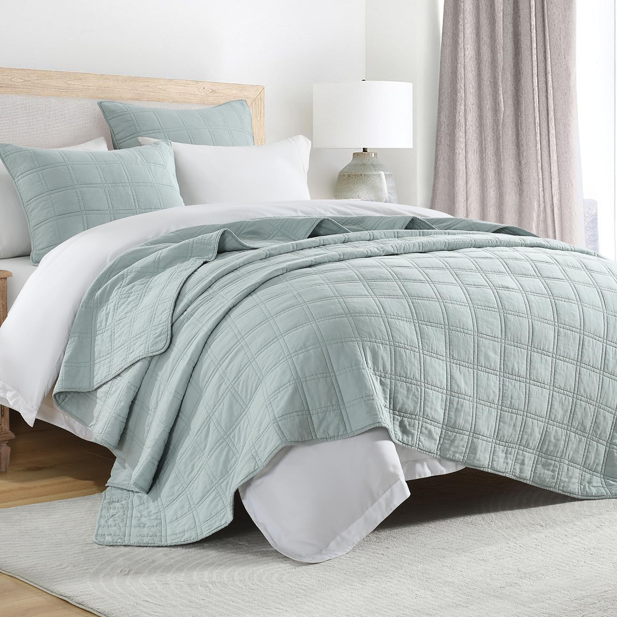 HORIMOTE HOME 100% Cotton Quilt Set King Size, Sage Green Pre-Washed Bedspreads Coverlet Set in Geometric Pattern, Cozy Lightweight Stitching Decorative Bedding Cover with 2 Shams for All Season