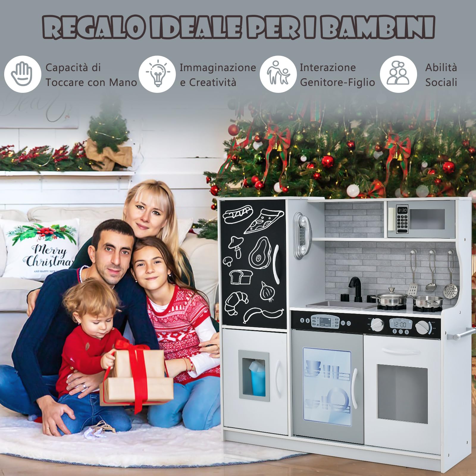 COSTWAY Cucina Giocattolo per Bambini, Cucina Legno per Bambini con Lavagna, Telefono, Microonde e Macchina per Ghiaccio, con Accessori e Suoni Realistici, per 3-6 Anni (Bianco)