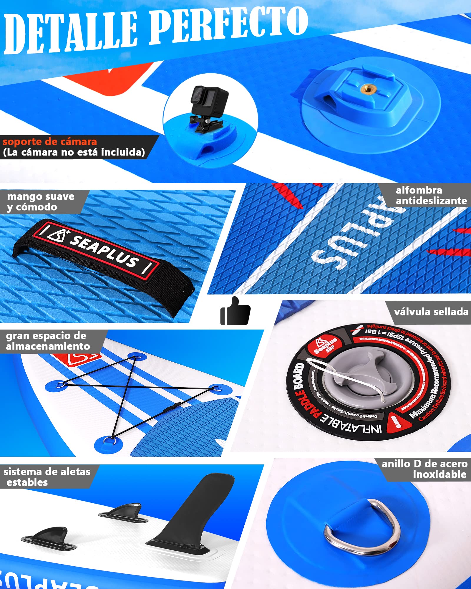 SEAPLUS Tabla de Paddle Surf Hinchable Tabla Stand Up Paddle Board Rígida con Accesorios de Remo de Aluminio/Inflador/Leash/Mochila, Carga hasta 130 Kg, L-BN 10’8”*32”*6”