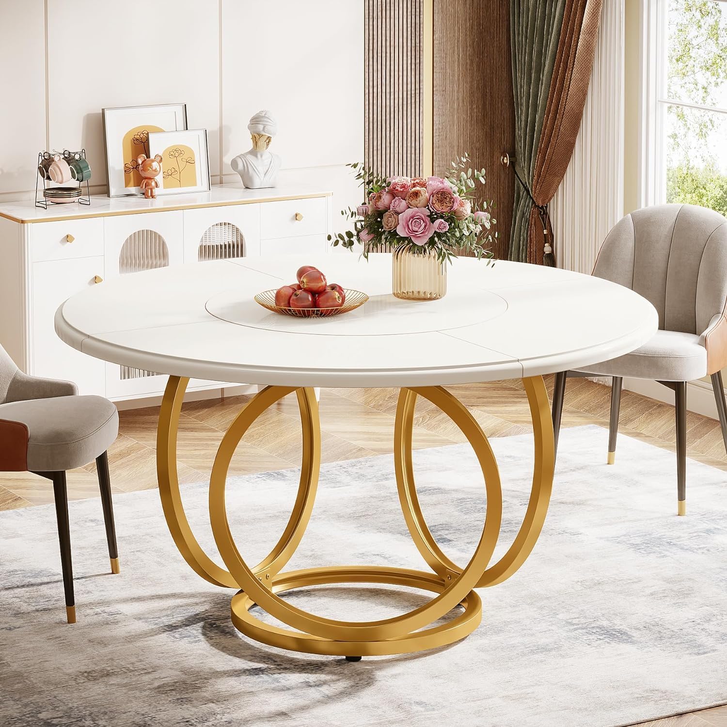 LITTLE TREE Esstisch Rund, moderner 120cm Küchentisch für 4-6 Personen, Couchtisch Beistelltisch mit 2 Ebenen & Metallrahmen für Wohnzimmer, Esszimmer und Küche, Weiß/Gold