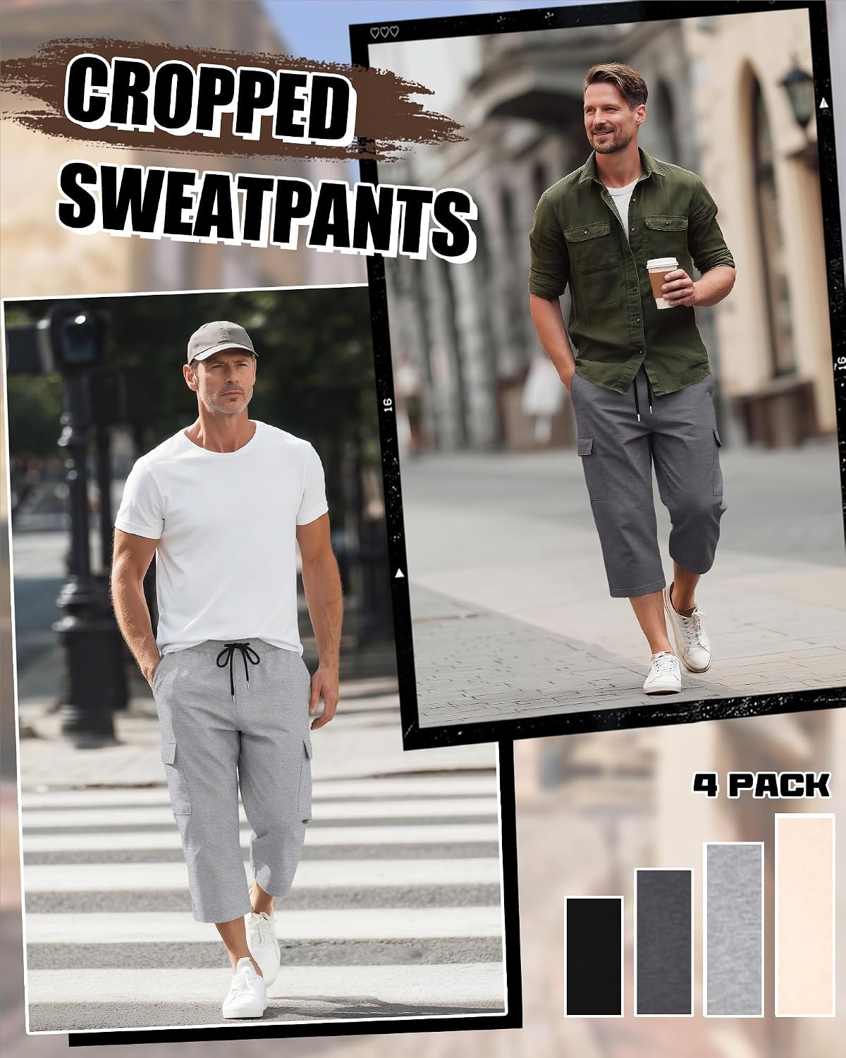 August Alley 4 Pack Men’s Capri Pants Cargo Baggy Wide Leg Below Knee 3/4 Long Shorts Drawstring Elastic Waist with Pockets