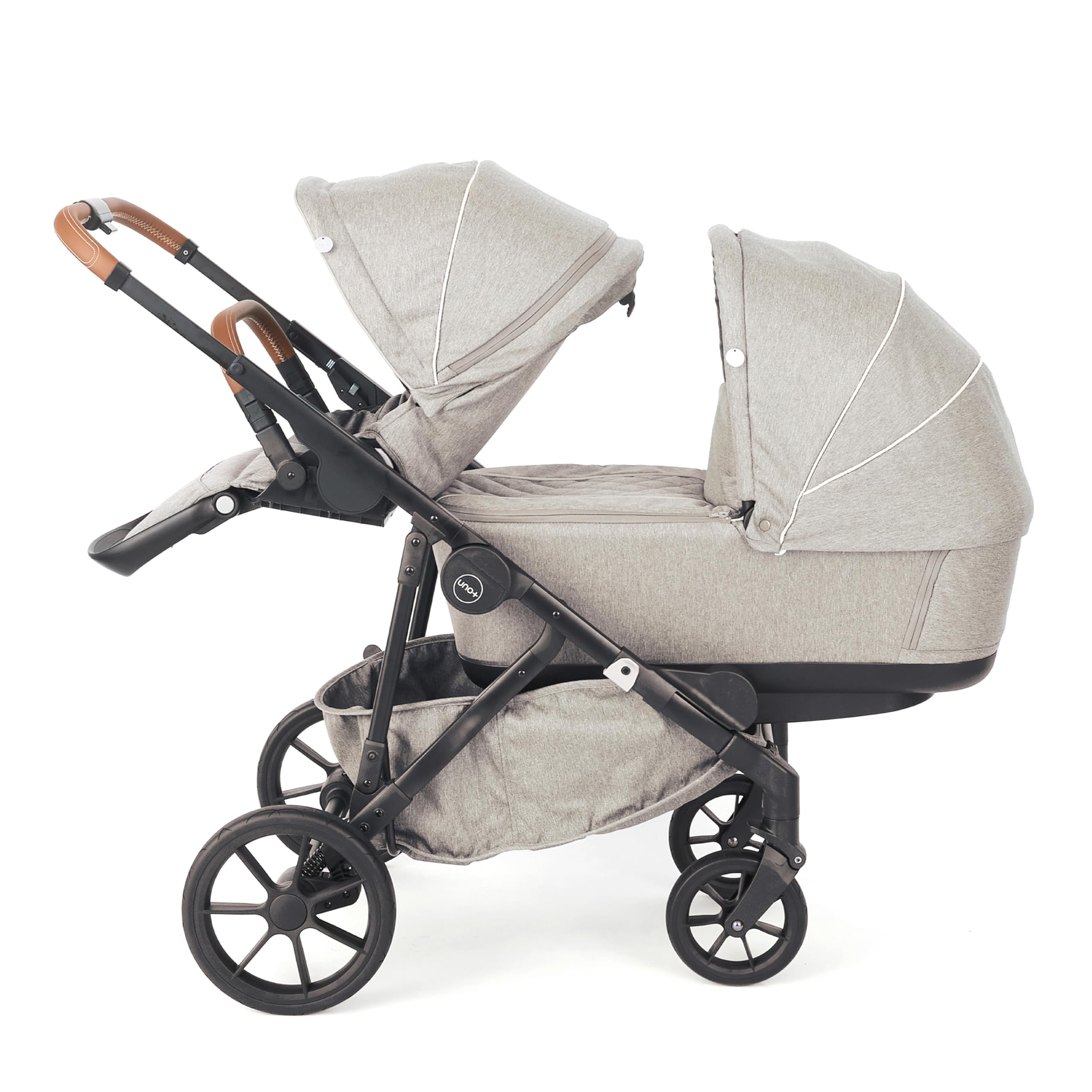 KidCo Uno+ Stroller System Combo, Luxury Double Strollers for Newborn to Toddler with Matching Carry Cot Bassinet - Khaki Twill