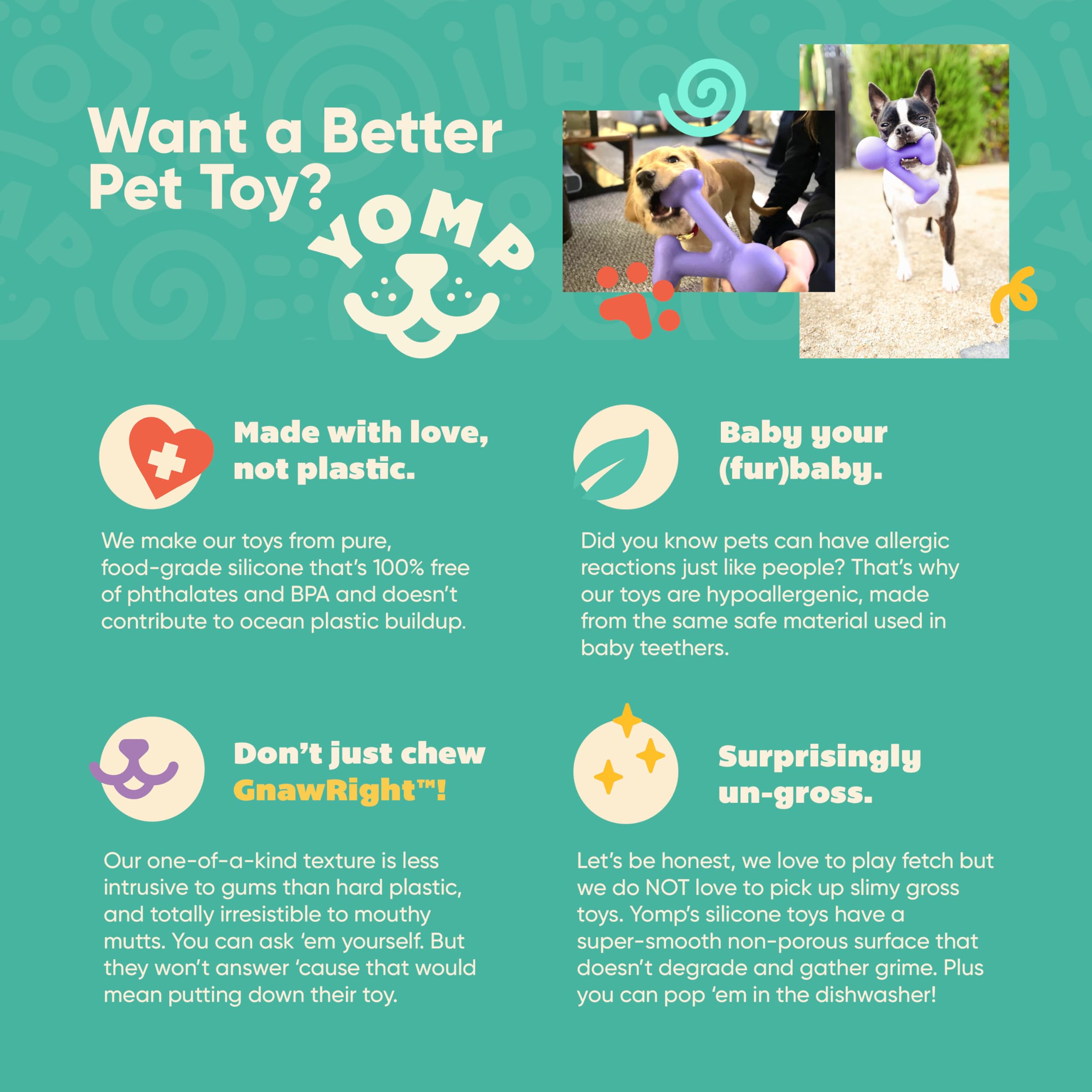 Yomp FunnyBone - Juguete masticable para perros, juguete interactivo de dentición para perros para masticadores suaves y medianos, juguete de dentición para cachorros, seguro para mascotas, juguete de