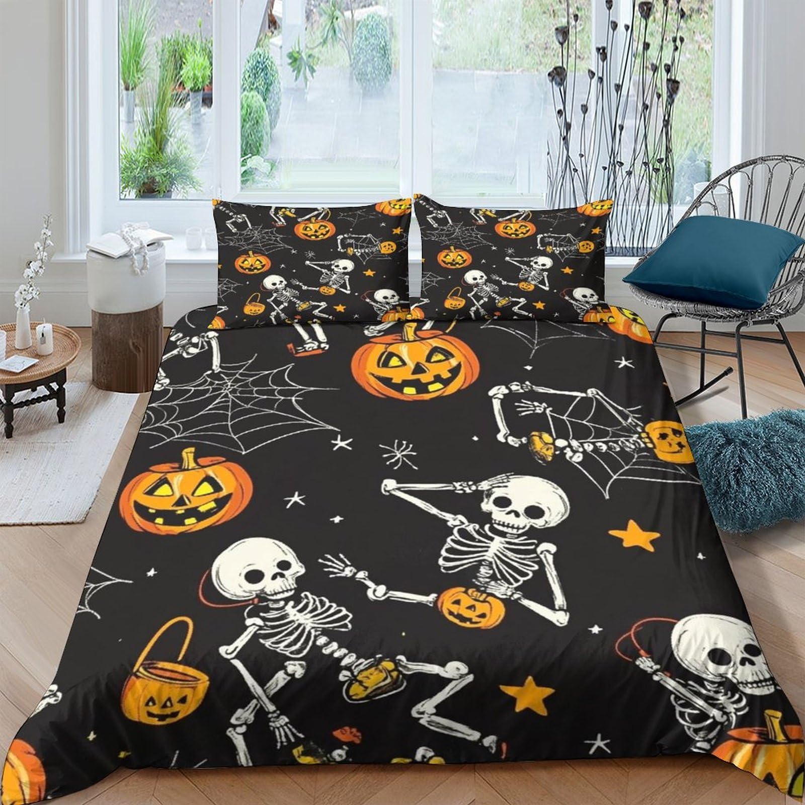Ctjqhvkz Style-1 3D Printed Halloween Skeleton Pumpkin Fitted Sheet Microfiber Black Bed Cover For Bedroom Dorm Mattress Decor Single（135X200cm）