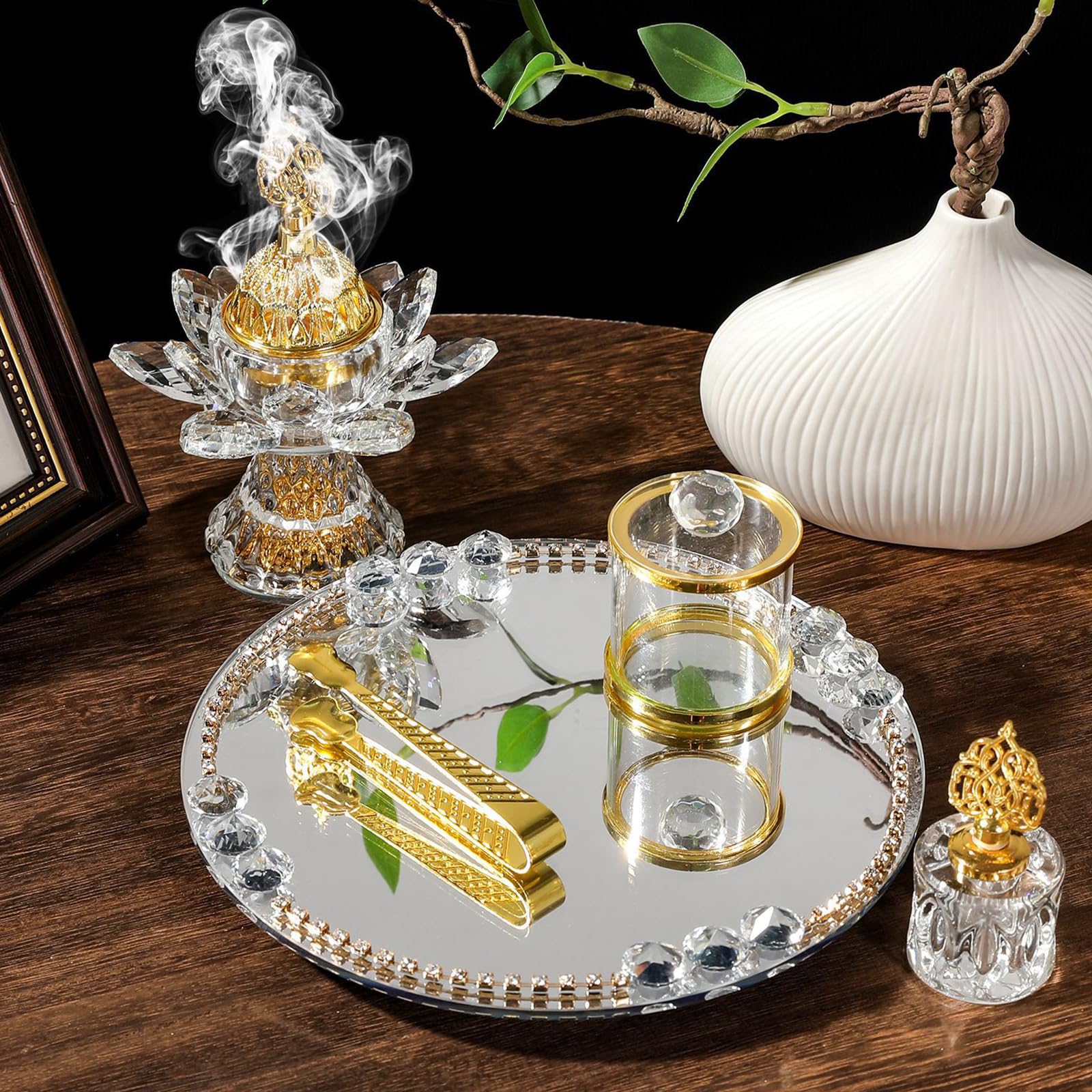 Set di bruciatori di incenso in vetro con vassoio a specchio, design floreale, stile arabo, per meditazione, decorazioni, set di bruciatori d'incenso dal Medio Oriente