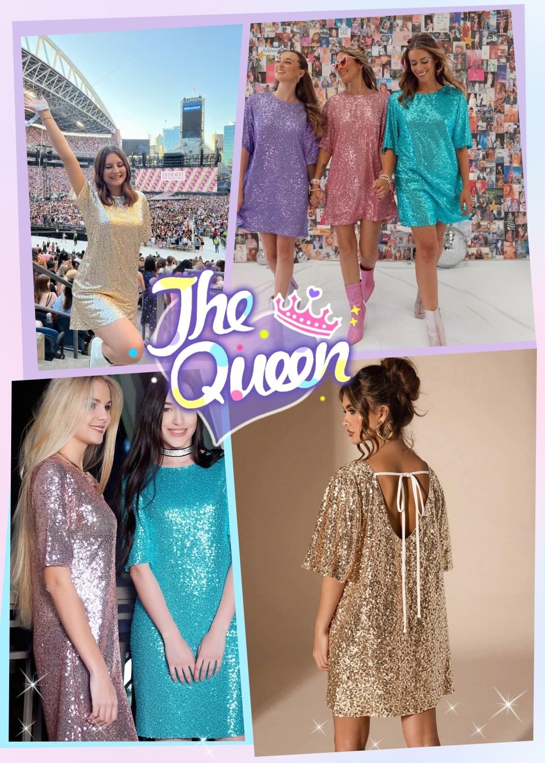 Women's Crew Neck Sequin Dress for Women Sexy V Neck Shirt Dress Sparkly Half Sleeve Loose Party Club Cocktail Dress - Image 4