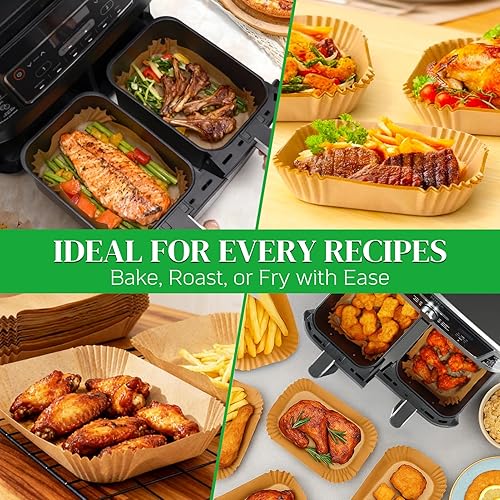 Miniatura 8 de BYKITCHEN 300 forros para freidora de aire Ninja Dual Airfryer, papel pergamino desechable rectangular compatible con Ninja DZ201DZ401DZ550, Bella
