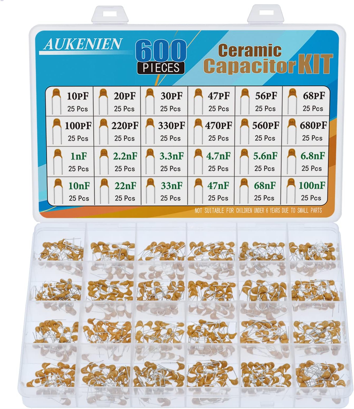 AUKENIEN 24 Values 600pcs Ceramic Capacitor Assortment Kit uF nF Multilayer Monolithic Assorted Capacitors from 10pF to 100nF