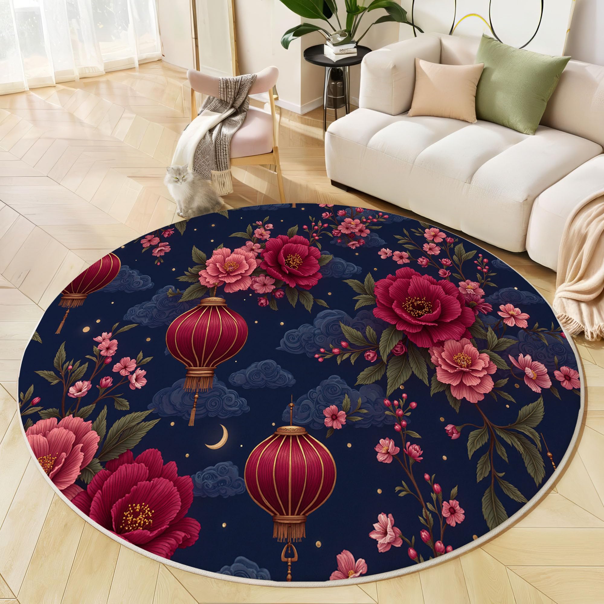Tapis poils courts bleu indigo lavable de 200cm avec motif pivoine