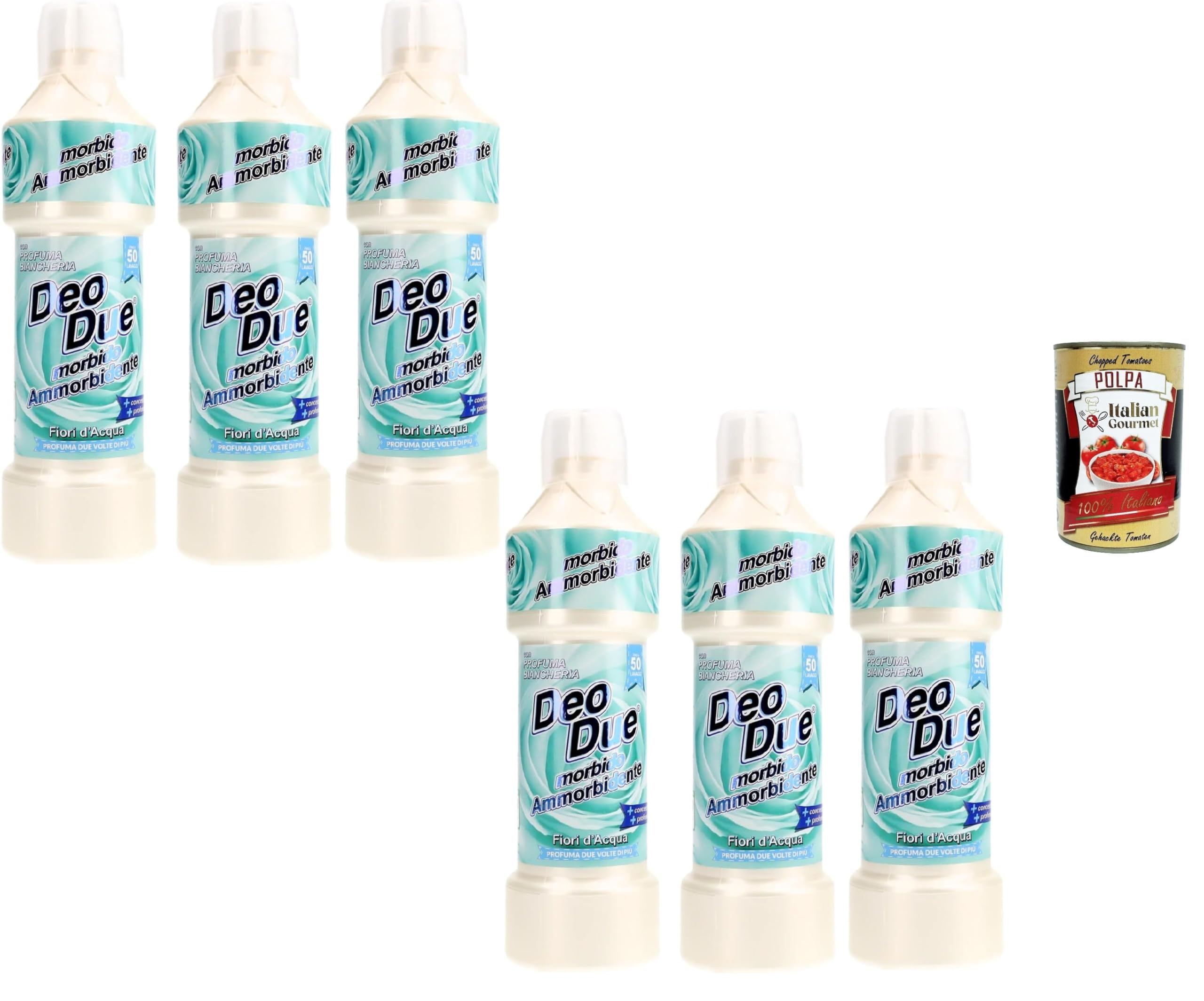 Deo Due Morbido - Suavizante concentrado "Fiori d'Acqua/Waterflowers" 6 x 1 L - Lavado extra suave, aroma fresco de larga duración, para todos los textiles + Polpa italiana Gourmet