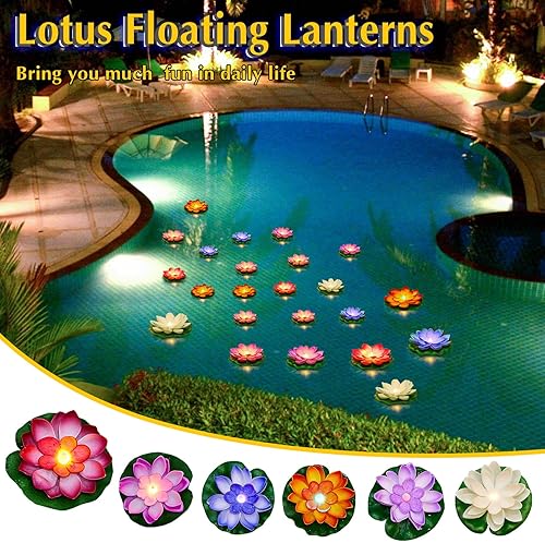 Vista 17 de Liliful Diwali - 24 luces flotantes para decoración de piscina, flores artificiales de loto con LED, almohadillas de lirio, farol de agua para Blanco