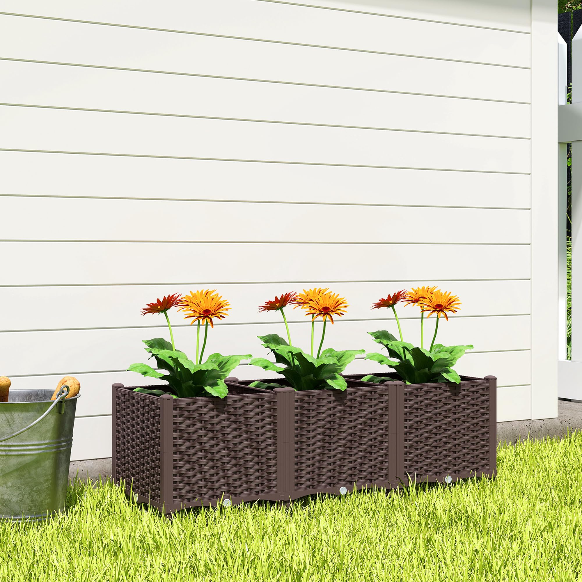 Outsunny Jardinière surélevée, lit de Jardin en Plastique, jardinières Auto-irrigantes avec Trous de Drainage et Bouchons, Montage Facile pour légumes, Fleurs, Herbes, 120 x 40 x 37 cm, Marron