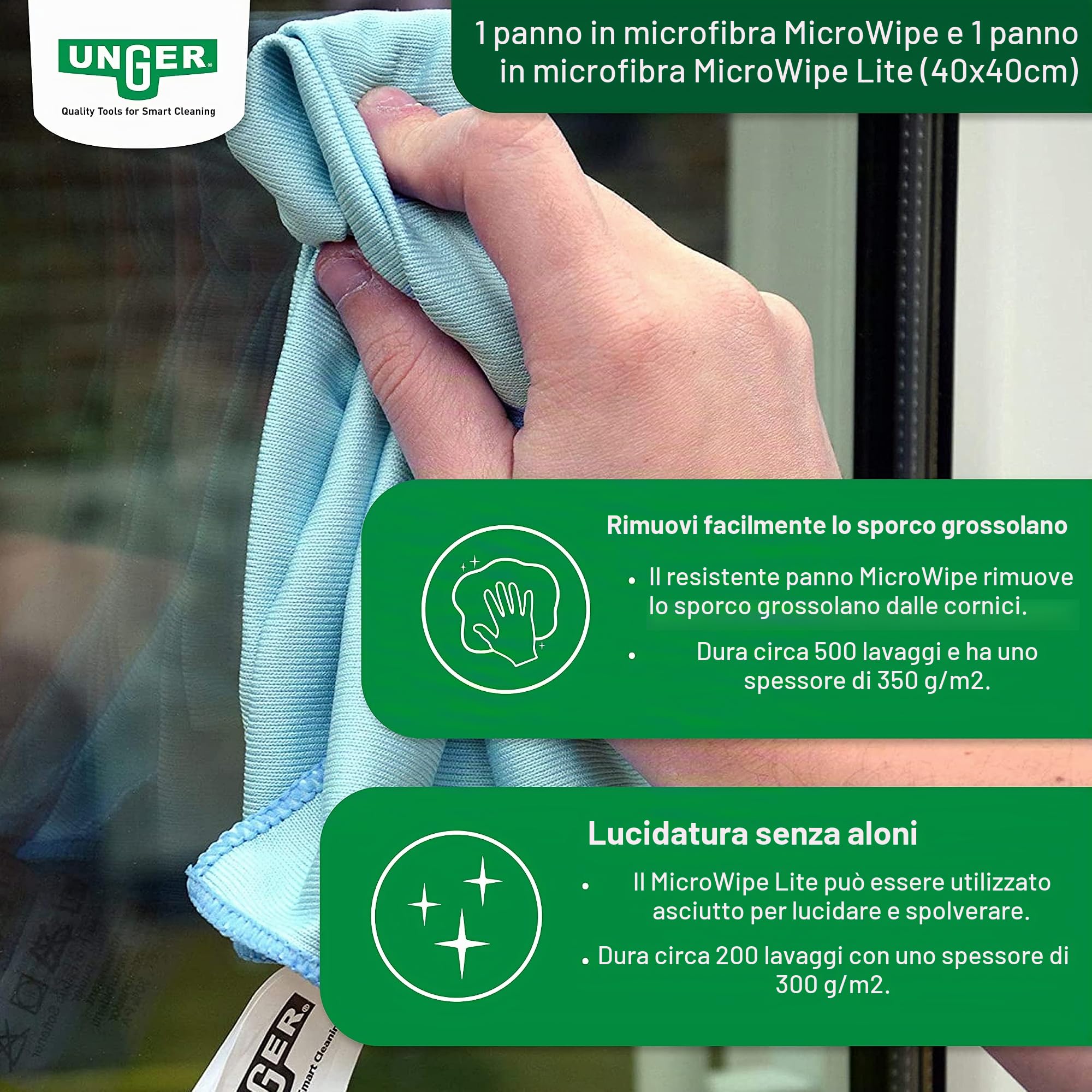 UNGER AK130 - Set di pulizia per giardino d'inverno (con detergente, lavavetri, asta di prolunga, panni in microfibra, pulizia senza aloni)