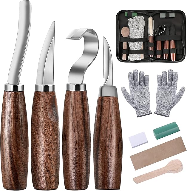 Souarts Wood Carving Tools 11 in 1Wood Carving Beginner Kit Cut Resistant Gloves, Whittling Knife, Hook Knife, Detail Knife, Carving Knife Sharpener for DIY Carpenter Sculpture