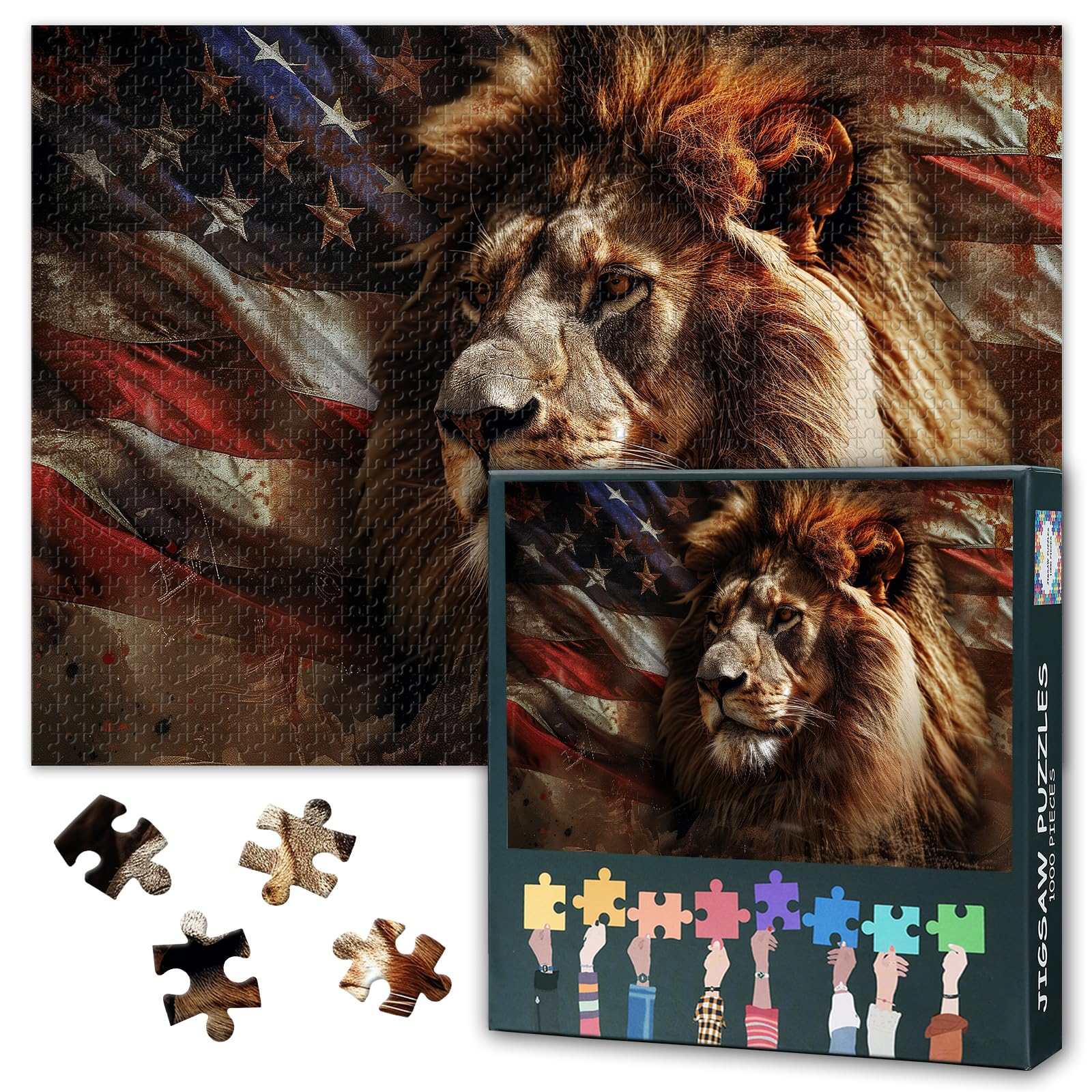 Lion Puzzles for Adults 1000 Pieces, American Flag Jigsaw Puzzles, Adult Puzzle for Adults, Educational Fun Games or Toys for Elders Friends 20X27 INCH