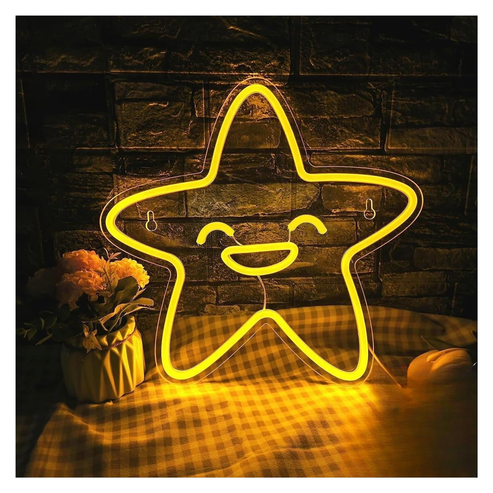 LEMST Sign Lamp Smiley Stars Neon, Wall Decorative Light Signs, Bedroom, Party, Game Room Wall Decorations 34x35cm