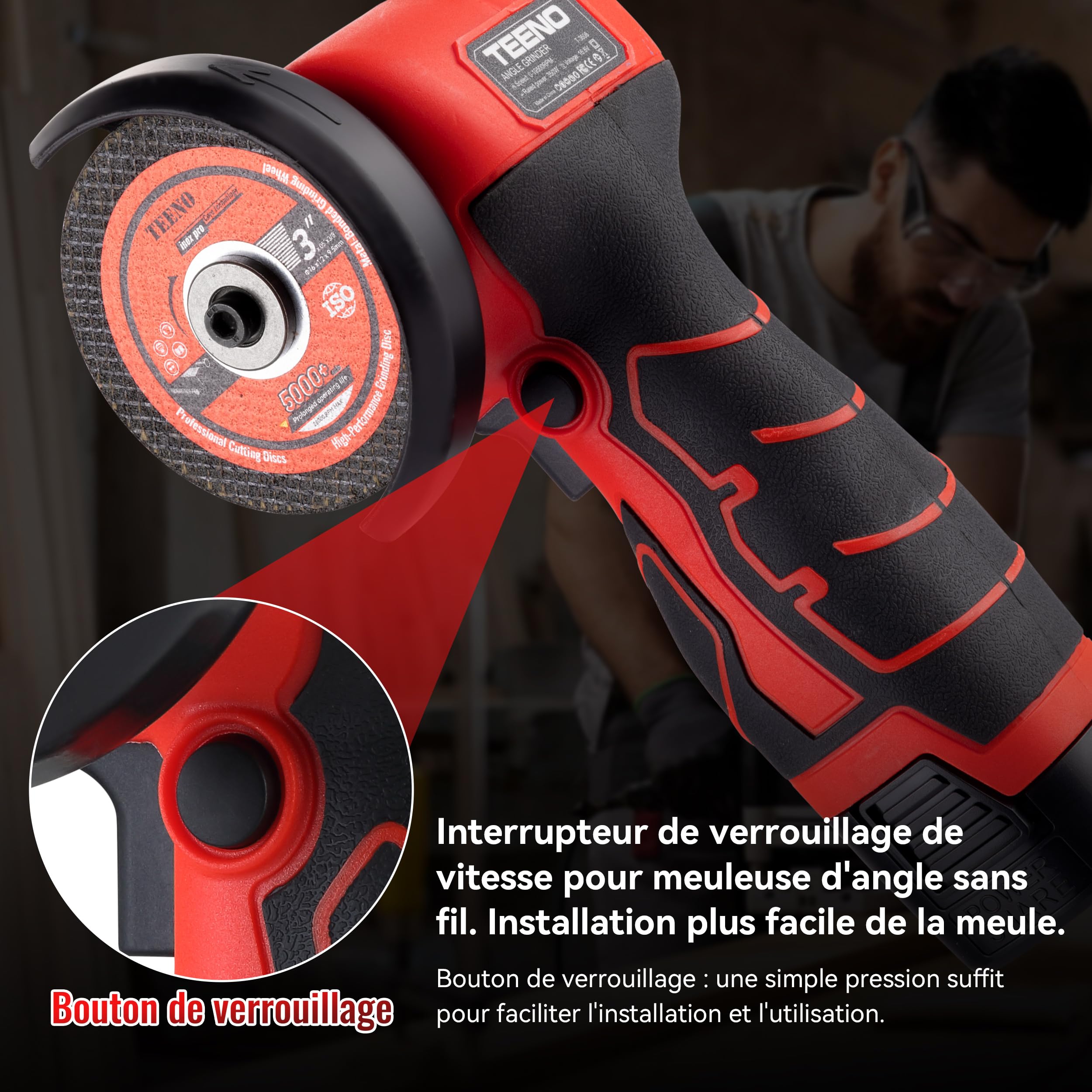 Meuleuse d'Angle TEENO 19 500 RPM - Disqueuse Sans Fil 76mm, Kit Complet avec 2 Batteries 2000mAh et 6 Disques - Pour Meulage, Polissage, Découpe Professionnelle