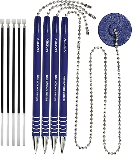 Vista 11 de Nadex Juego de bolígrafos de seguridad de bola y cadena, 1 bolígrafo, 1 soporte adhesivo y 5 recambios (azul)