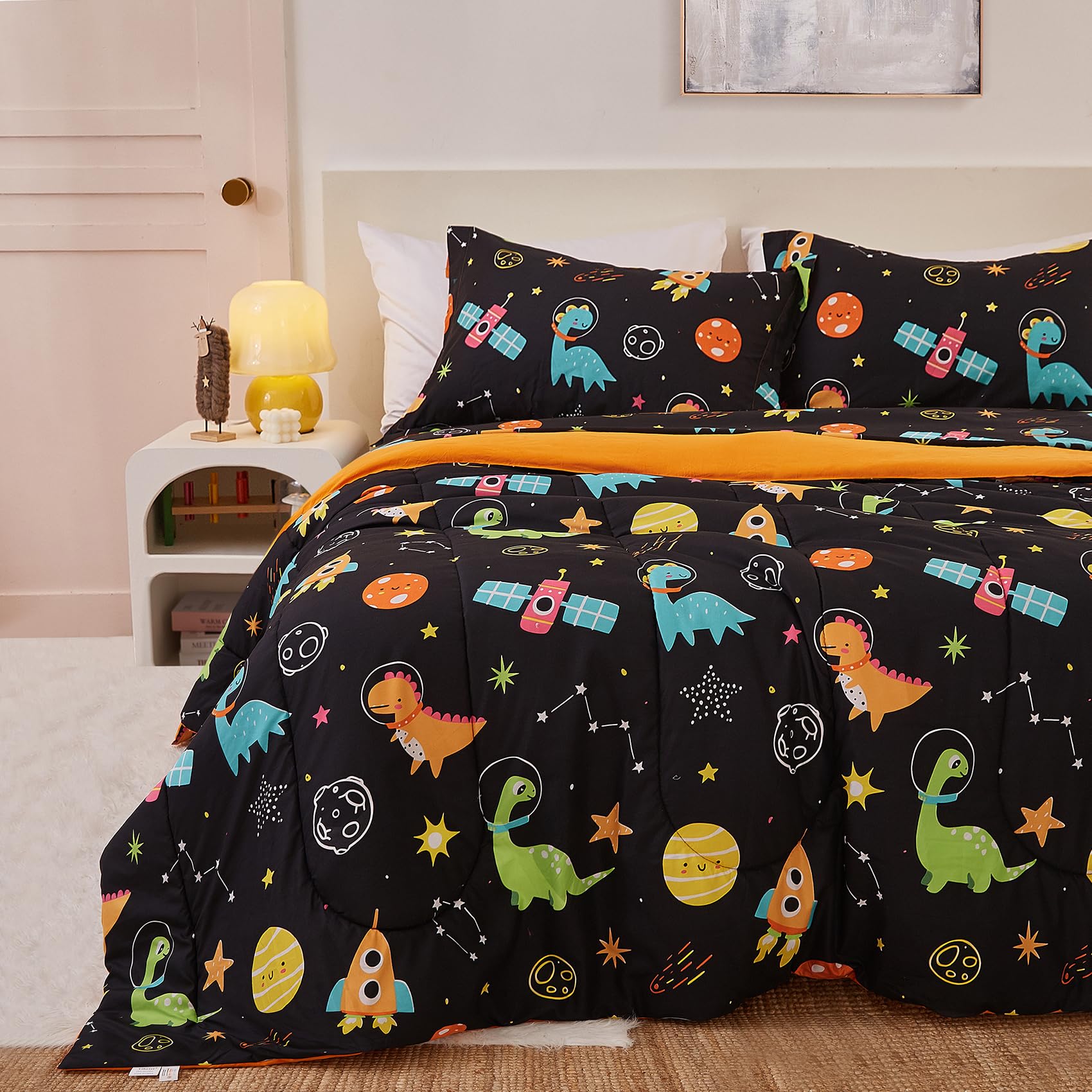 Yibeizi Space Dinosaur Kids Comforter Set for Boys Twin, Cute Quilted Black Printed Bedding Set with Pillow Sham, Lightweight Soft Breathable Machine Washable Bed Set 2 PieceOEKO-TEX STANDARD 100