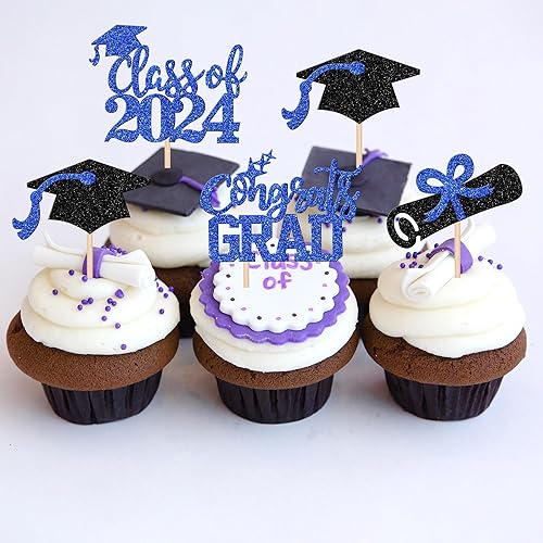 Miniatura 6 de 24 piezas 2024 decoraciones para cupcakes de graduación 2024 con purpurina para la clase de 2024, diploma de felicitaciones, tapa de graduación,