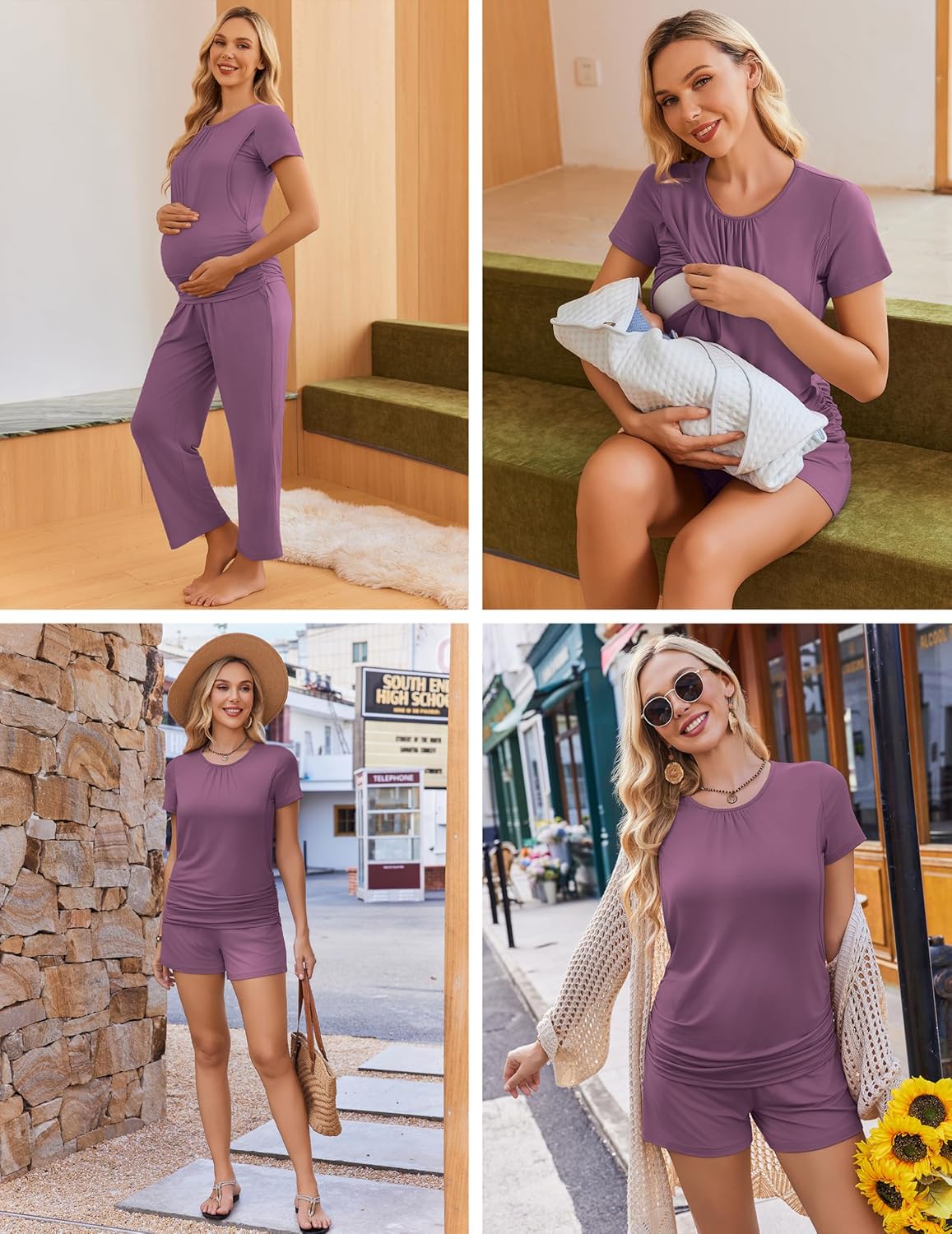 Ekouaer Maternity Pajamas Postpartum Lounge Sets for Women Nursing Pjs Breastfeeding Clothes Pregnancy Shorts & Pants Purple Red M - Image 2