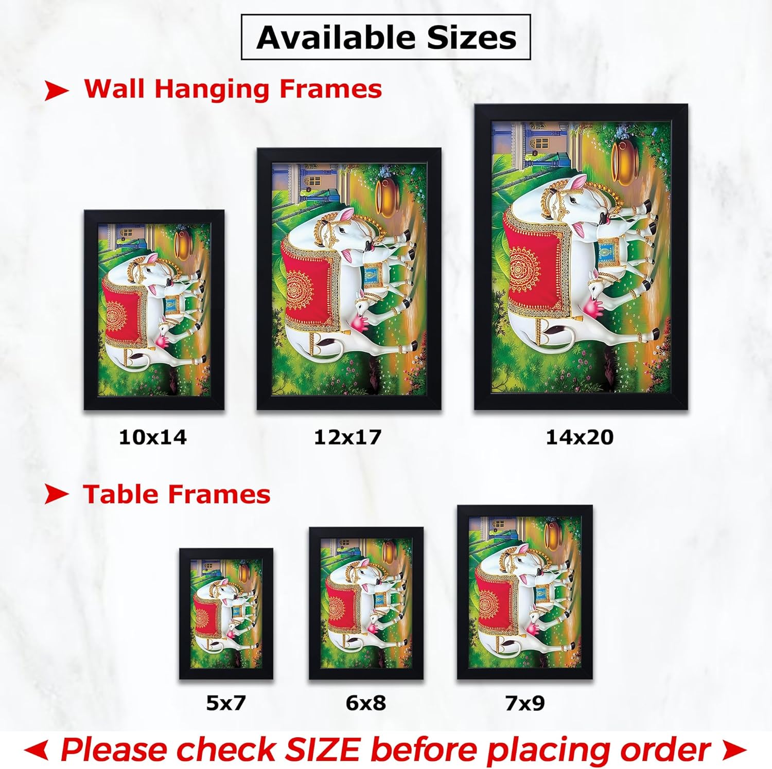 PICTURE CREATIONS Kamdhenu Cow Photo Frames - Kamdhenu Cow with Calf Photo for Vastu Prosperity, Wall, Office, Home and Living Room (Design 01, 6x8 Inches)