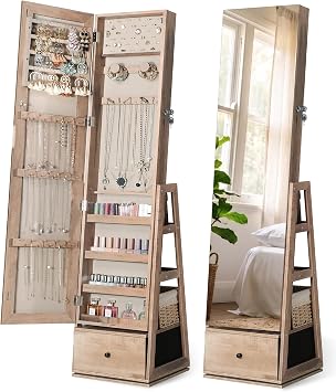 Nicetree 360 Swivel Jewelry Cabinet, Full Length Mirror, Lockable, Oak