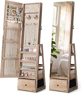 Nicetree 360° Swivel Jewelry Cabinet, Full Length Mirror, Lockable, Oak