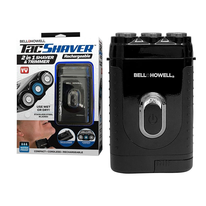 Bell+Howell Tacshaver 3D Barbeador Elétrico Rotativo Recarregável com Aparador Retrátil, 3 Cabeças e Cabo USB