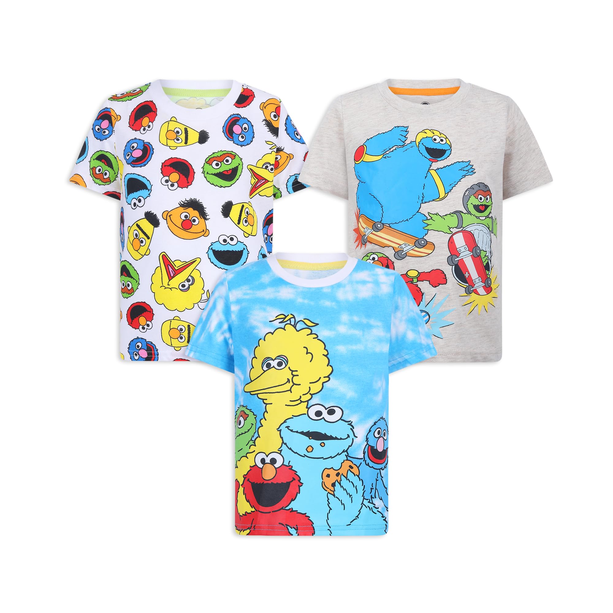 Sesame Street Boys 3 Pack Short Sleeve Crew Neck T-Shirt for Toddler and Big Kids