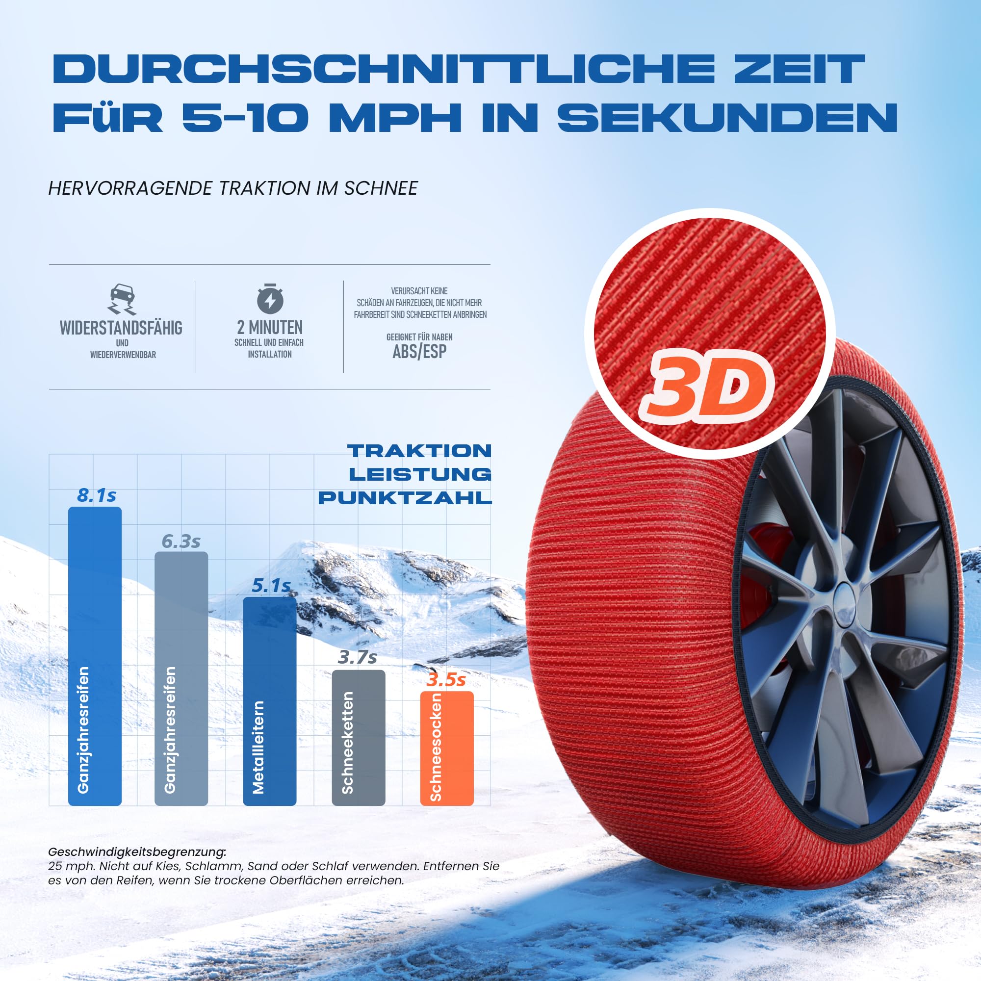 Winterreifen Schneeketten XL - EN 16662-1- Hochsichere, leicht installierbare Textil Schneeketten für Autos - rutschfeste, strapazierfähige Ketten - Set mit 2 Ketten + Handschuhe(Rossi)