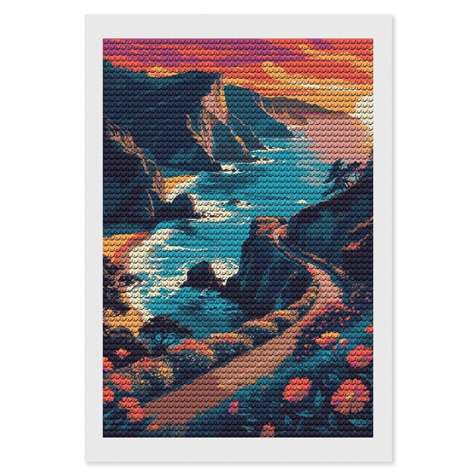 Junmoney Coastal Road at Sunset Diamond Painting Set 8"x12", Sparkling Round Gems, Decorate Your Room, Fun Craft Experience, Modern Decor