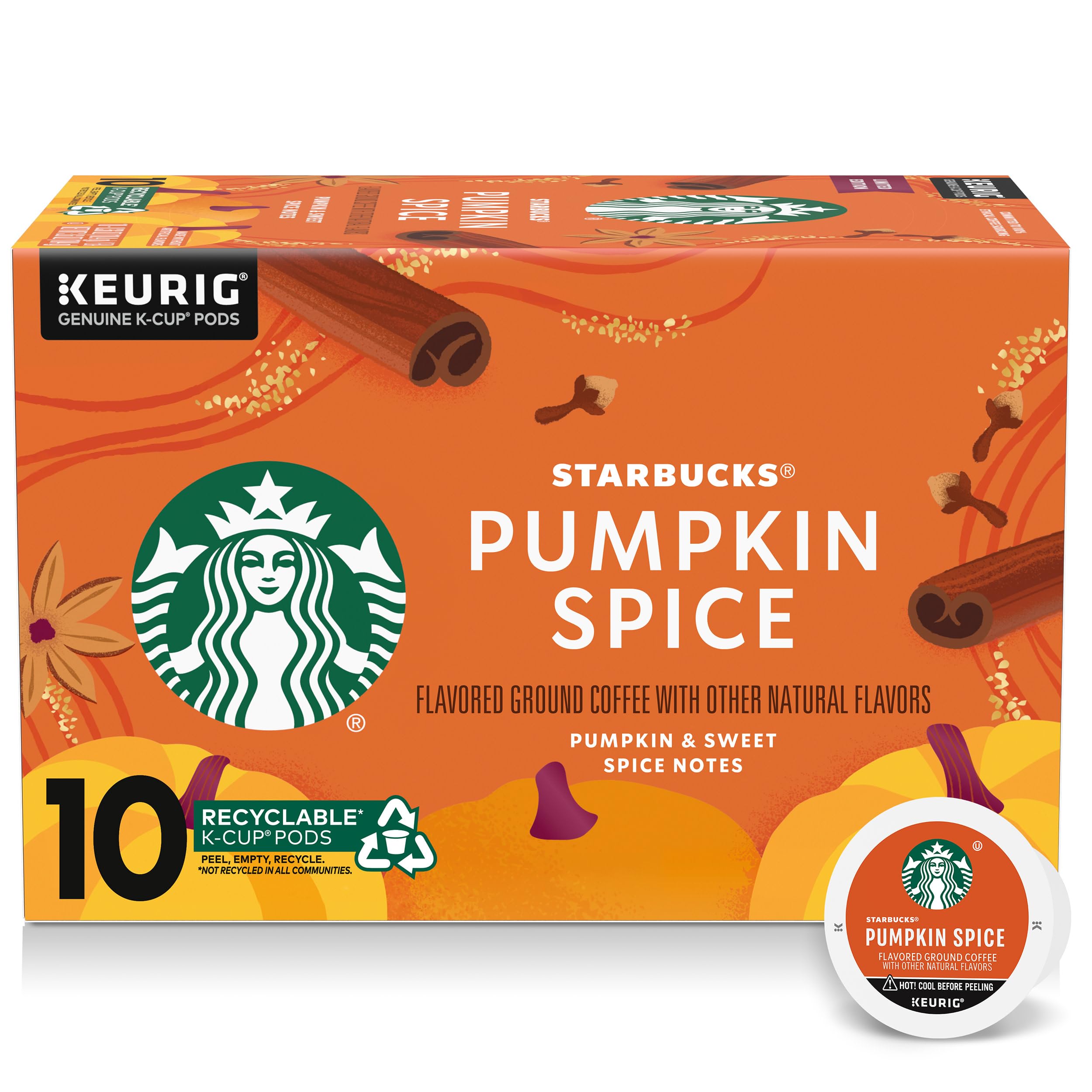 Starbucks Pumpkin Spice Flavored Ground Coffee 1 Box of 10 K-Cup Single Serve Pods, 1 Box of 10