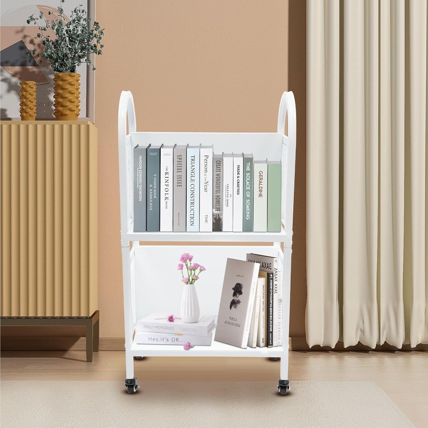 Library Book Cart,2 Floors Rolling Book Cart, Office Book Cart/with Cut-Out Side Baffle,for Home, Library, Reading Room White